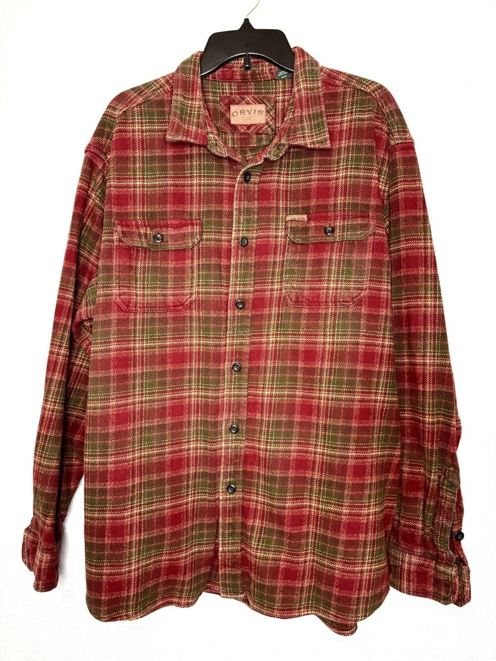 Orvis Heavy Duty Cotton Flannel Shirt w/ Pockets Burgundy & Green Plaid XXL